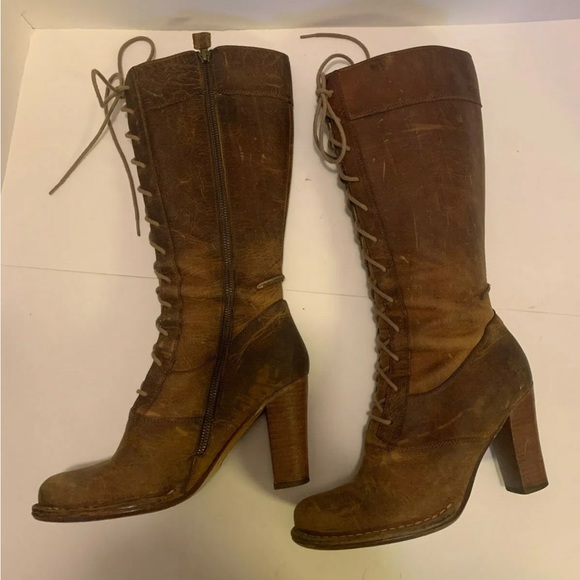 Frye Villager Lace Up Tall Boots stack heel Distressed brown Leather Siz… - Picture 3 of 11